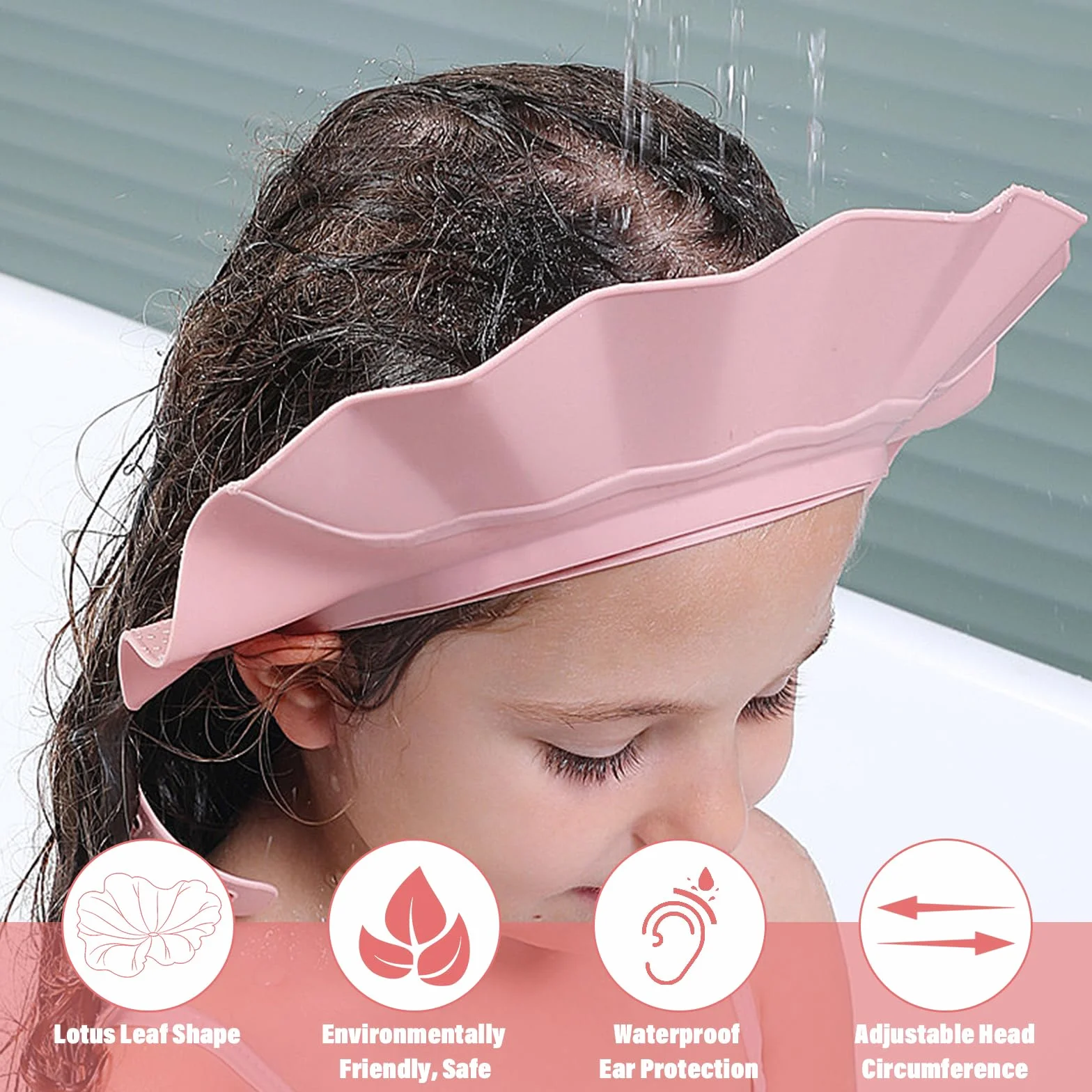 Gorro Ducha Beber Proteger Ojos y Oídos Silicona Protector Cabeza Ajustable Función Tres en Uno Regadera Baño (Rosa)