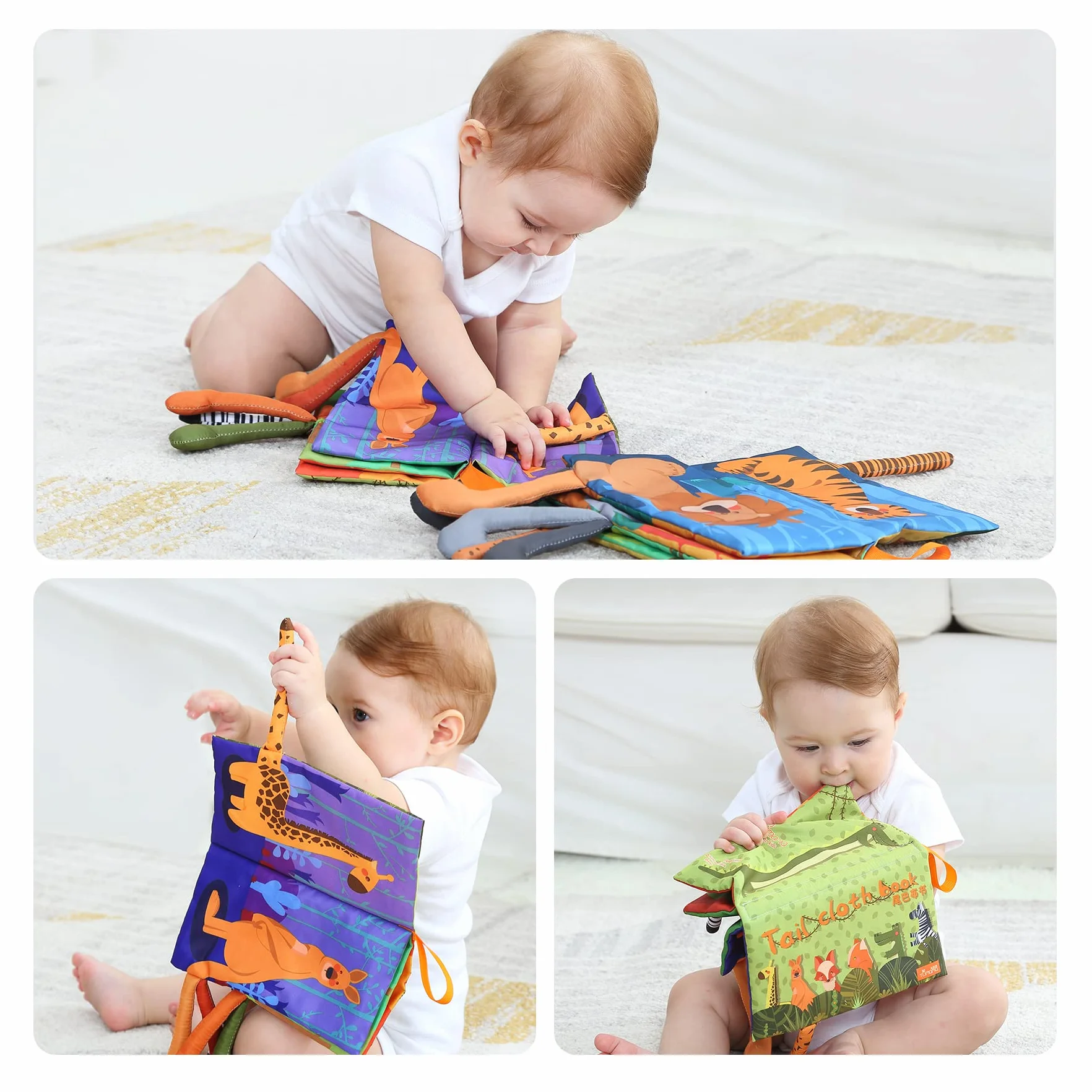 TUMAMA Libros de Tela, Juguetes de Libros Sensoriales Suaves Colas de Selva en 3D, [Lavable a Máquina] Libro de Baño Aprendizaje Temprano 0-3-6-9-12-18M