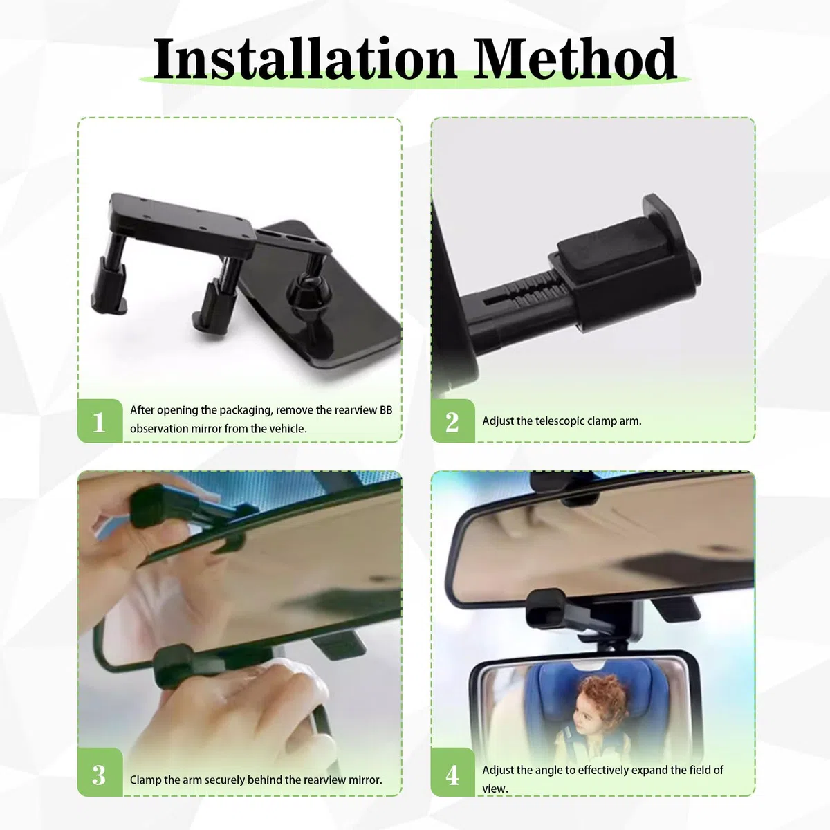 Espejo Retrovisor para Bebé Coche, Gran Angular Ajustable 360°, Cristal Irrompible Antirreflejos, Instalación Rápida con Clip Universal, Compatible con SUV, Coches y Camiones, Visibilidad Total
