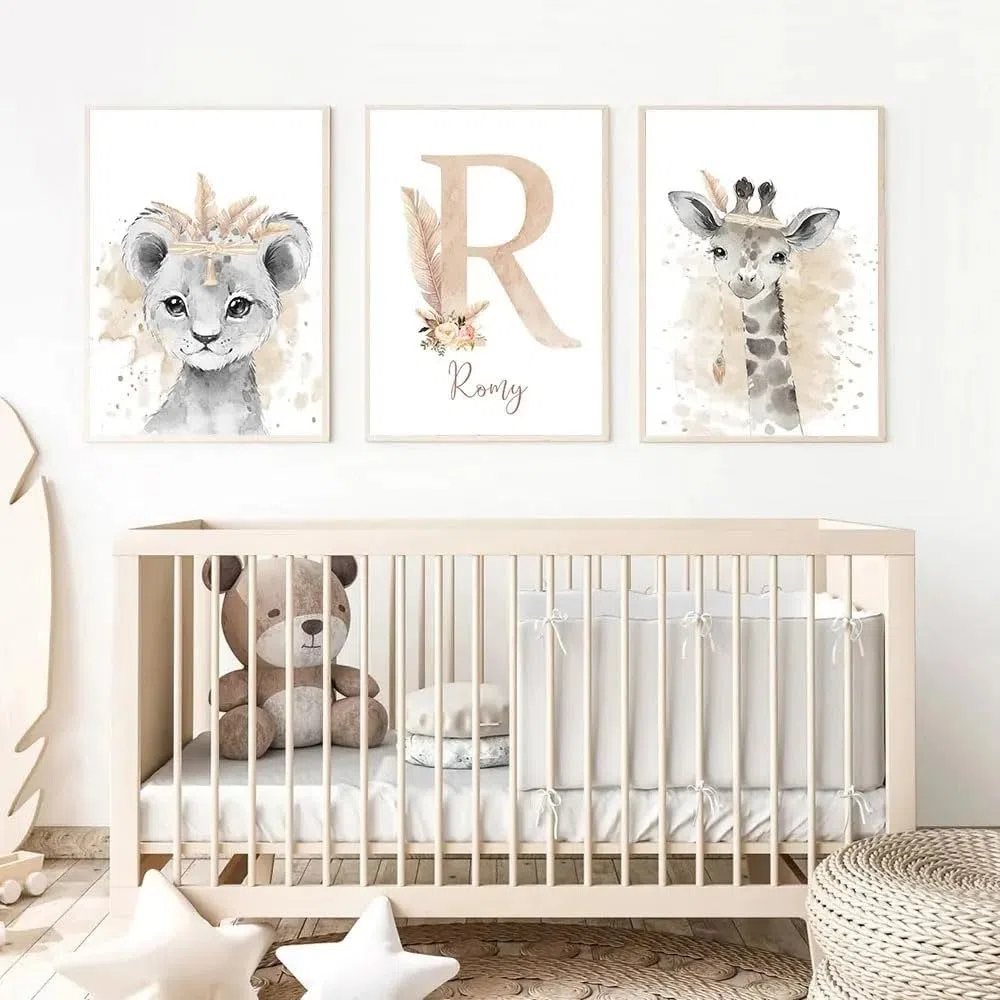 3 Laminas Personalizadas Bebe Cuadros Iniciales Poster Animales Selva León Elefante Jirafa Habitacion Infantil Decoración Pared Habitación Niño Niña Regalo 30x40 cm sin Marco