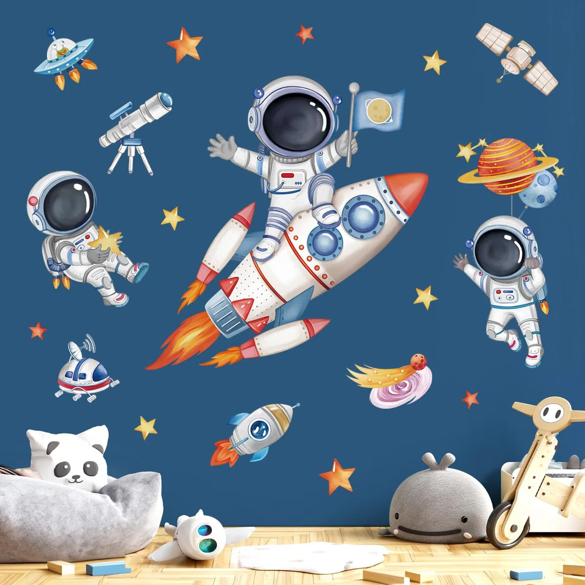 wondever Pegatinas de Pared Astronauta Cohetes Planetas Espacio Exterior Adhesivos Pared Decorativos Sistema Solar Vinilos Pared para Habitación Niño Bebés Dormitorio Guardería