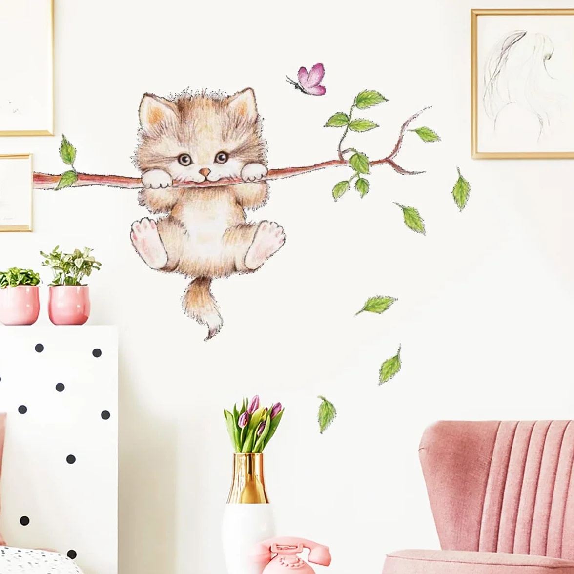 WandSticker4U®- Pegatinas pared infantiles GATO en RAMA (70x55 cm) I vinilo adhesivo pared infantil animales bosque árbol rama hojas I decoración habitación infantil niños bebé niña