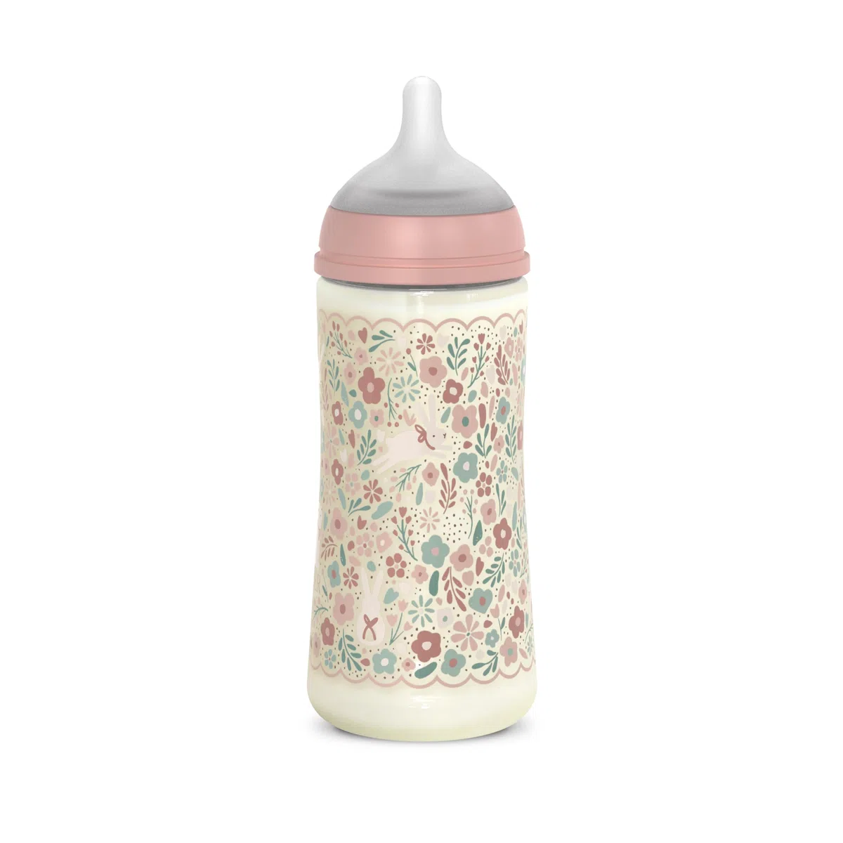 Suavinex, Biberón 360 ml, con Tetina Fisiológica SX Pro de Silicona, con válvula Anticólico, de Flujo Denso (L), para Líquidos Densos, Apto Papillas Líquidas. Bebés +6 Meses. Wonder, Flores, Rosa