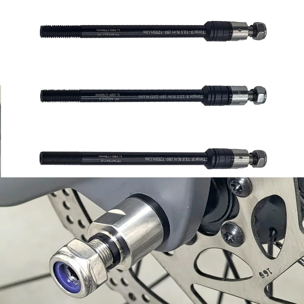 Eje de remolque de bicicleta, adaptador de eje pasante de paso M12 x 1.0/1.5/1.75, enganche de longitud ajustable para marcos de 135/142/148 mm (M12 x P1.0-160-178 mm)