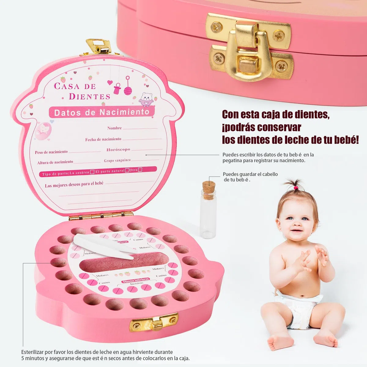 GEBETTER Caja Dientes de Leche Niña en Español + Puerta Pérez Ratoncito, Cajita Madera Guardar Dientes, Pinzas, Botecito, Puerta, Felpudo, Escalera, Queso y Plato, Regalo Niña 5 6 7 8 9 Años (Rosa)
