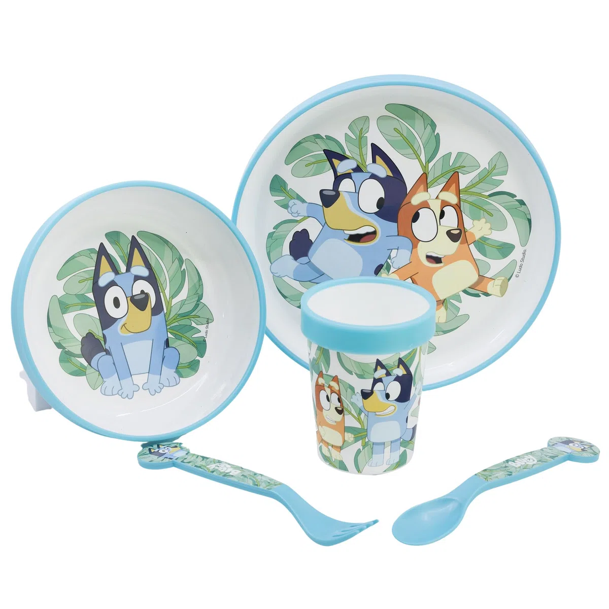 SET 5 PCS ANTIDESLIZANTE (PLATO, CUENCO, VASO Y CUBIERTOS) PREMIUM BICOLOR EN CAJA BLUEY