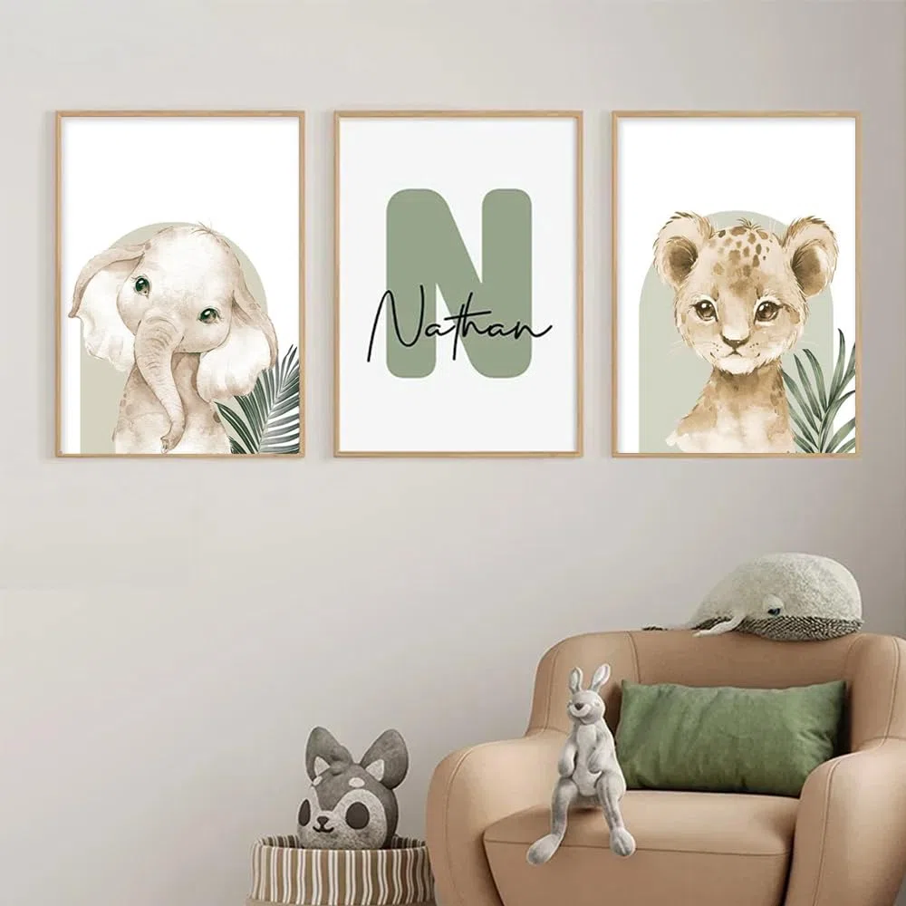 3 Laminas Animales Infantiles Personalizadas 30X40CM Poster Habitacion Bebe Cuadros Safari Infantil Niño Beige Verde Lienzo Infantil Selve Laminas Animales Salvajes Bebe Niño Habitacion sin Marco