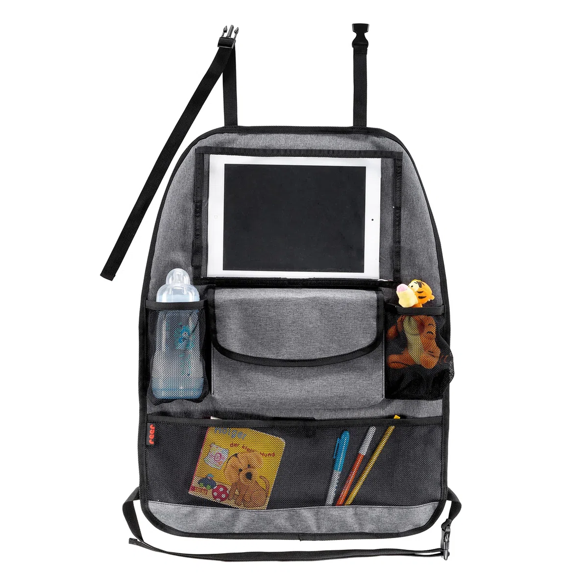 Reer 86051 Organizador para Asiento Trasero De Coche con Compartimento para Tableta, Color Gris, 1000 ml