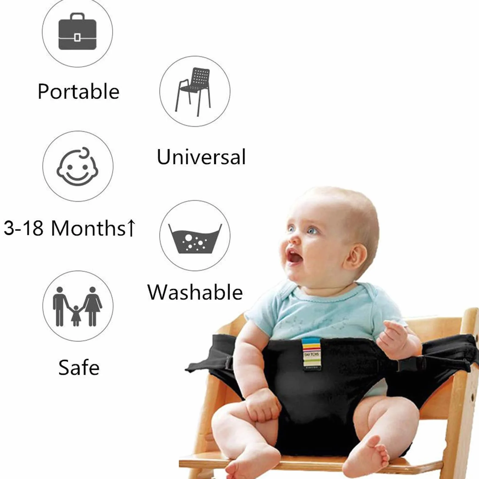 Lychee Silla de Comedor para Bebé Asientos de Seguridad con Correas, Correa de Asiento Elevador de Alimentación Portátil para Viajes/Casa/Restaurantes/Compras (Negro)