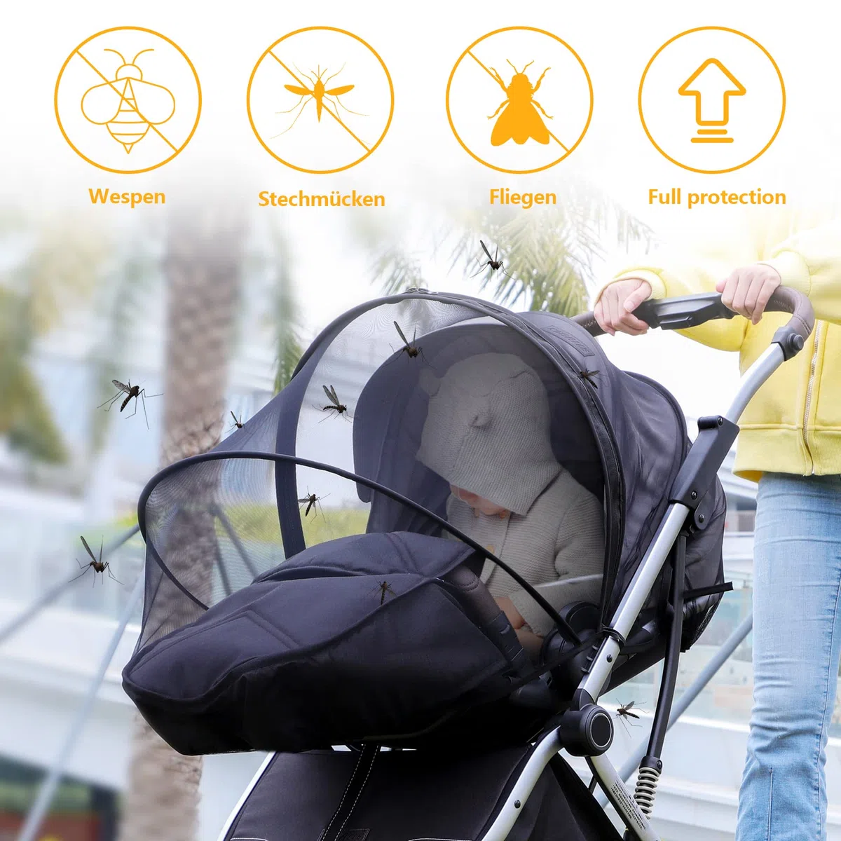 Mosquitera Carro Bebe Universal Carrito Red Antiinsectos Silla de Paseo Protección Avispas y Mosquitos Mosquitera Cochecitos con Cremallera y Goma Elástica | Lavable(Negro)