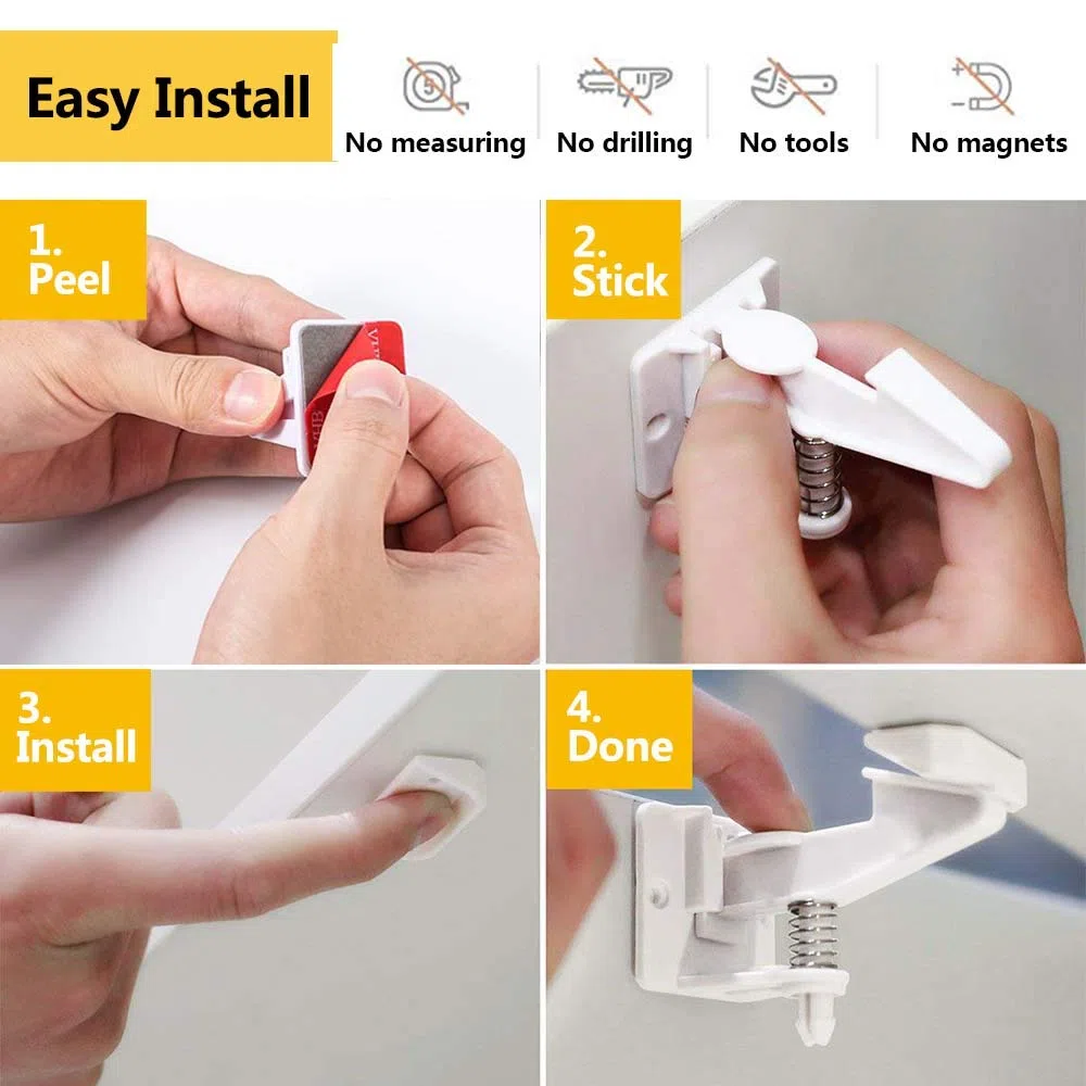12 Piezas Bloqueo De Seguridad Para Bebés y Niños, Cerraduras De Seguridad Para Cajones Armarios Para Armarios Cajones Bloqueo Totalmente Diseño Invisible Sin Tornillos o Perforación (Blanco)