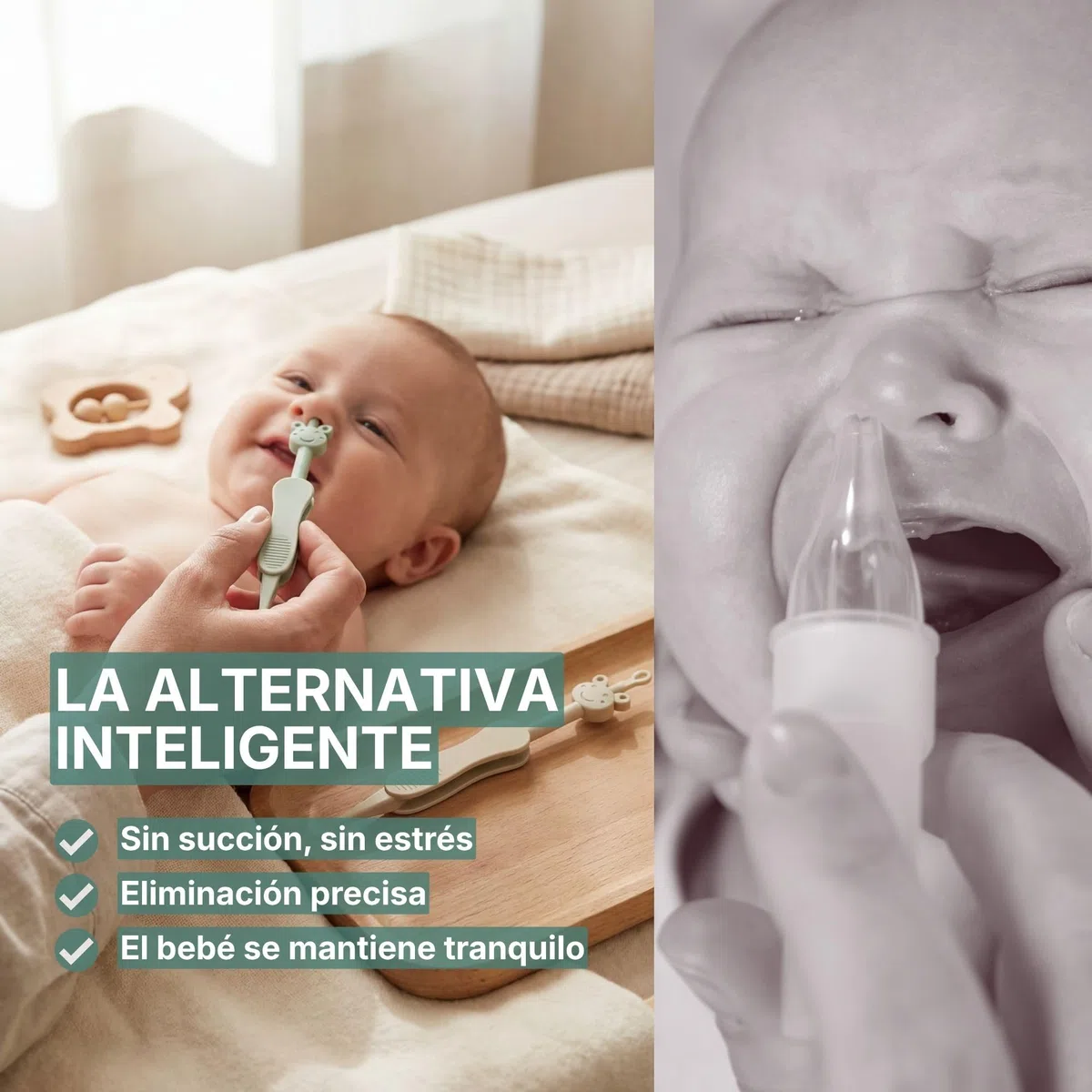 Limpiador de nariz y oídos para bebés con pinzas - Alternativa 3 en 1 al aspirador nasal - Sin BPA - Verde/Beige