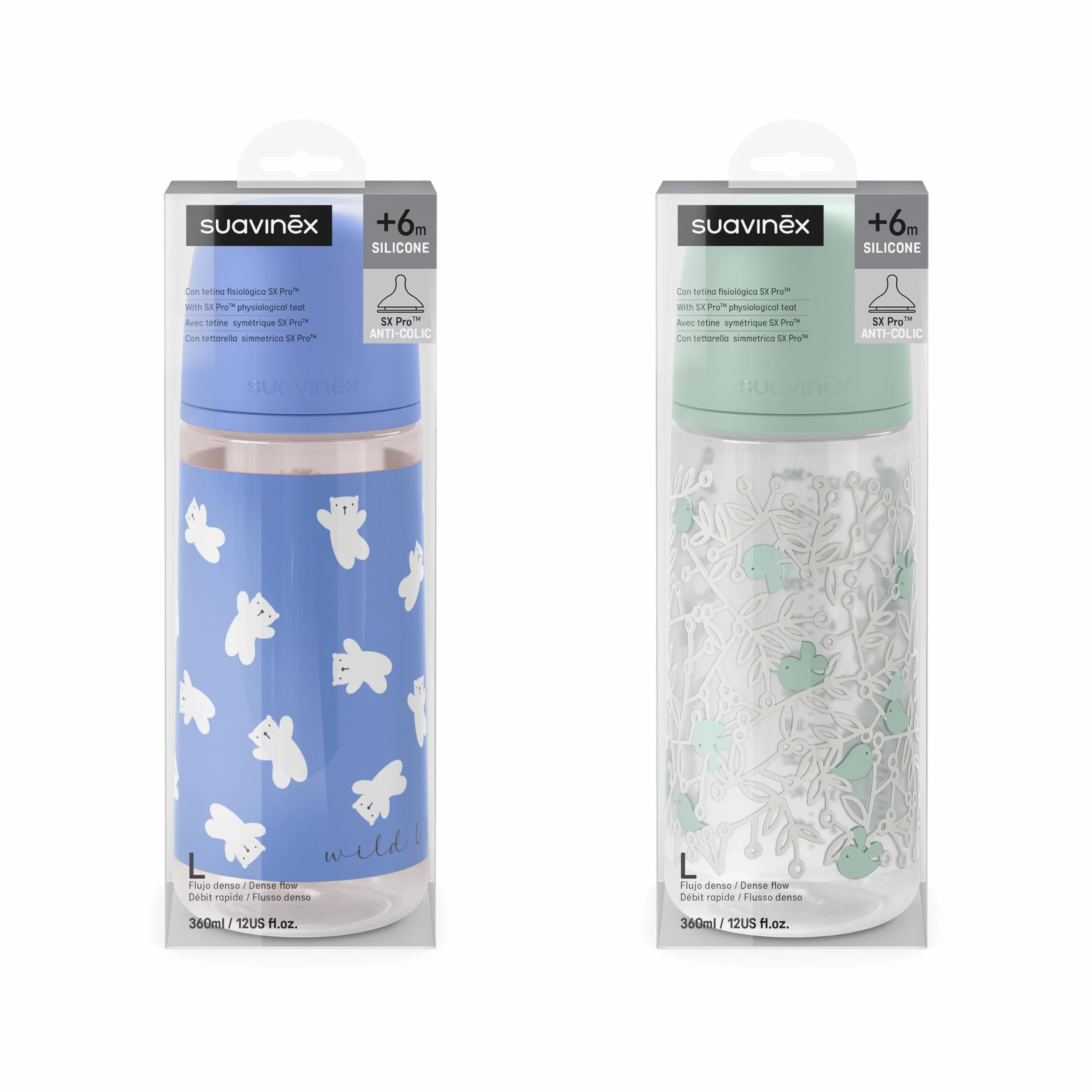 Suavinex, Pack 2 Biberones de 360 ml, Tetina Fisiológica SX Pro de Silicona con Válvula Anticólico, de Flujo Denso (L), Apto Papillas Líquidas. Bebés +6 Meses. Birdies y Wild&Free, Azul
