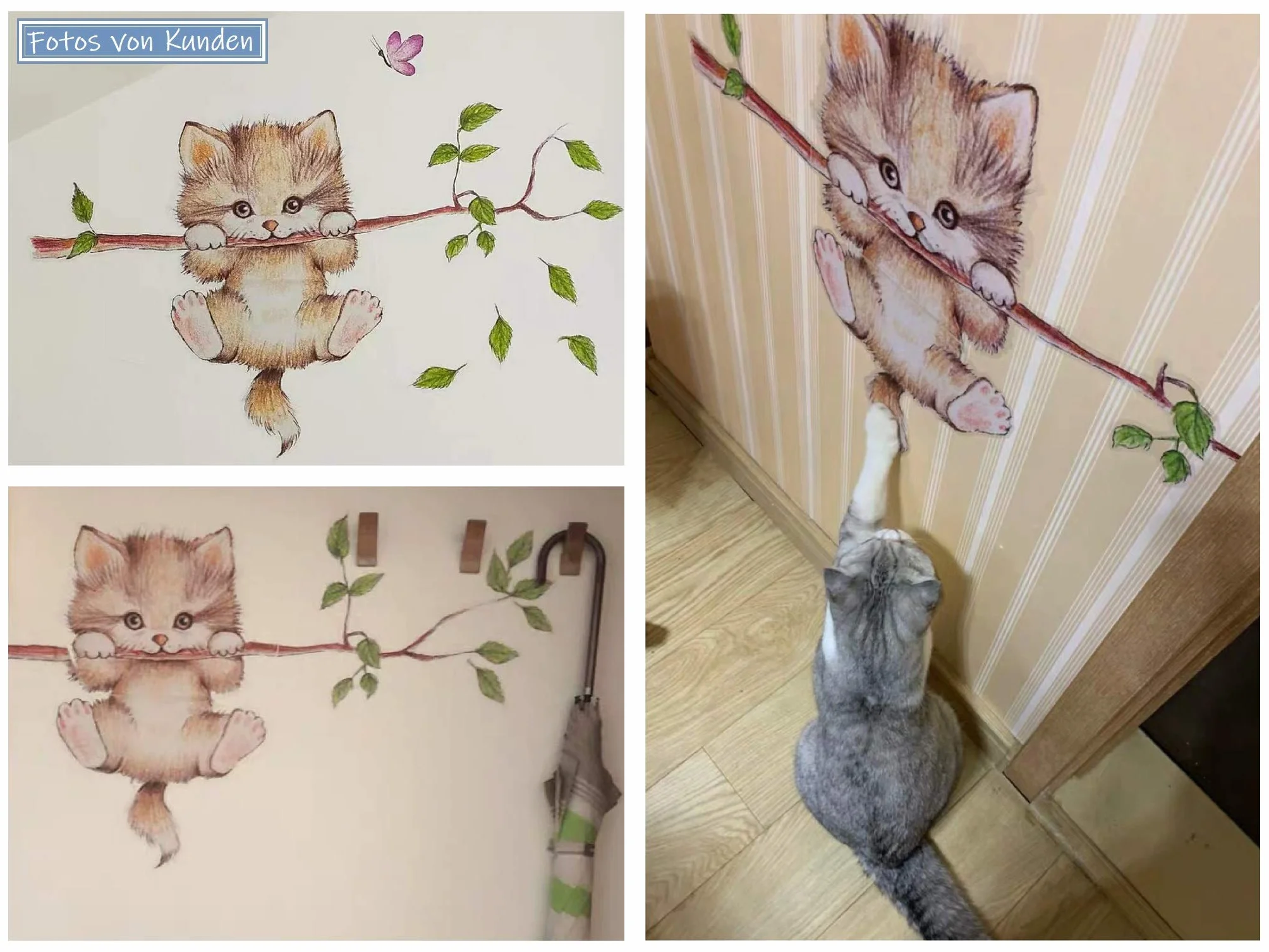 WandSticker4U®- Pegatinas pared infantiles GATO en RAMA (70x55 cm) I vinilo adhesivo pared infantil animales bosque árbol rama hojas I decoración habitación infantil niños bebé niña