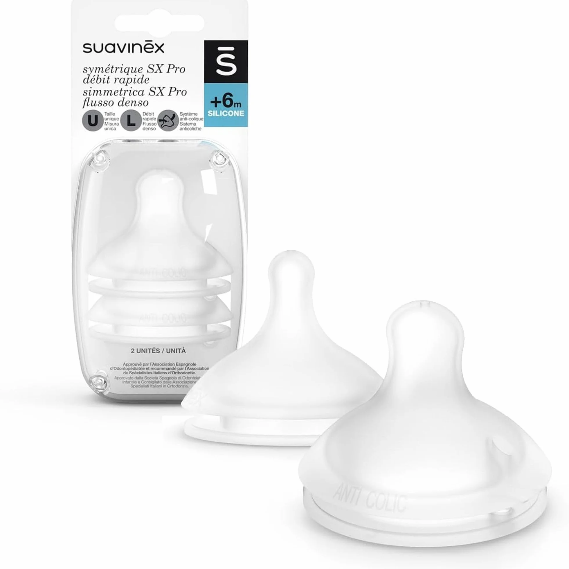 SUAVINEX 307388 - Juego de 2 tetinas Simmétricas de silicona SX Pro, flujo de Denso para leche o líquidos de densidad de 6 meses, con sistema anticólico