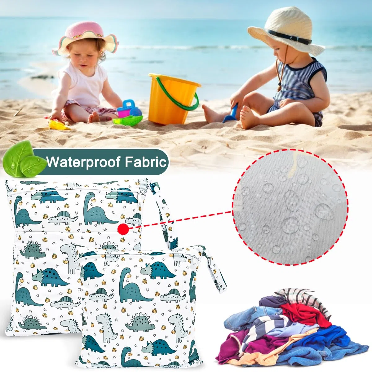 Bolsa de Pañales, 2PCS Bolsa Impermeable Reutilizable para Bebe, Ropa Seca y Húmeda Organizador de Pañales, Wetbag Lavable Neceser para Viaje Playa Deporte Guardería Merienda (Dinosaurio)