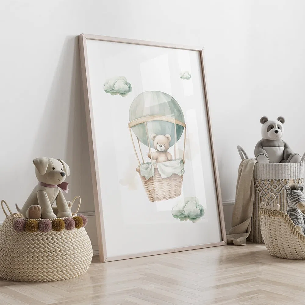 3 Laminas Oso 30X40CM Cuadros Infantiles Para Habitacion Niño Aerostático Verde Poster Bebe Lienzo Animales Infantiles Laminas Habitacion Bebe Animales Cuadros de Oso Poster Niños sin Marco