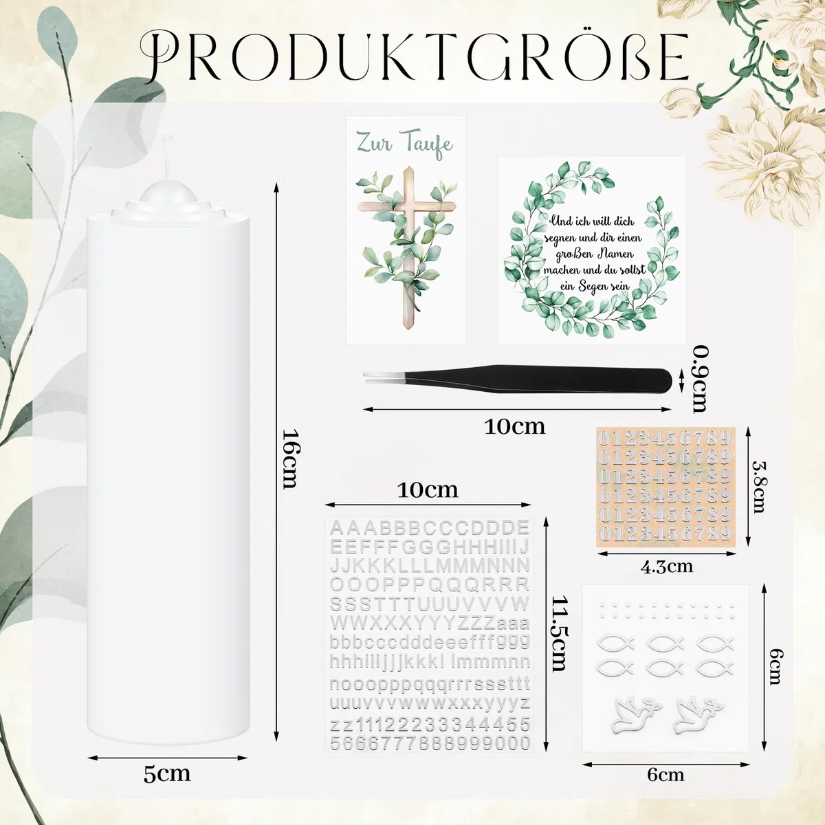 Taufkerze Taufgeschenk Kommunionkerze Set für Mädchen Jungen Taufe Kommunion Geschenk Stumpenkerze und Aufkleber für Taufe Erstkommunion(Eucalipto)