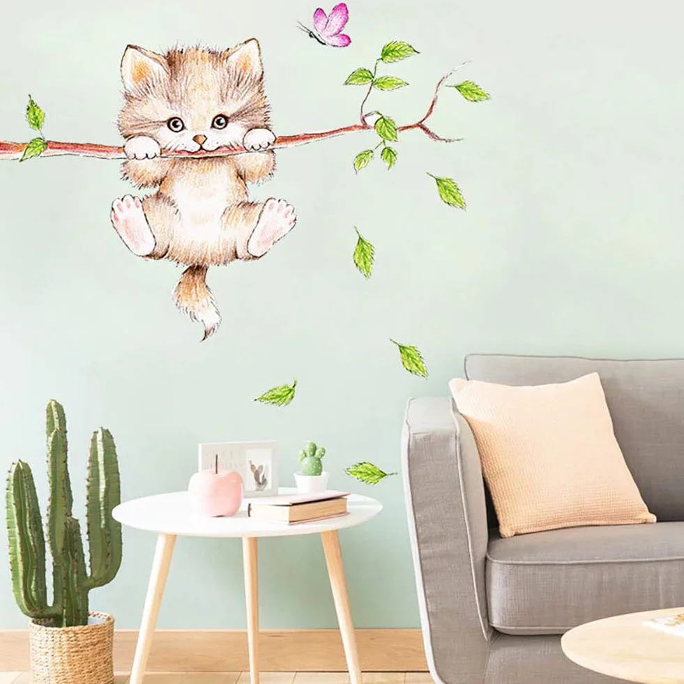 WandSticker4U®- Pegatinas pared infantiles GATO en RAMA (70x55 cm) I vinilo adhesivo pared infantil animales bosque árbol rama hojas I decoración habitación infantil niños bebé niña