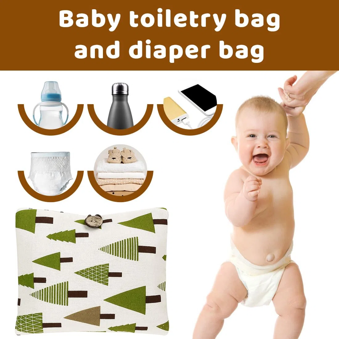 Bolsa de pañales organizador y neceser de cosméticos, 2 en 1, bolsa de pañales pequeña, organizador para bebés (Leaves)