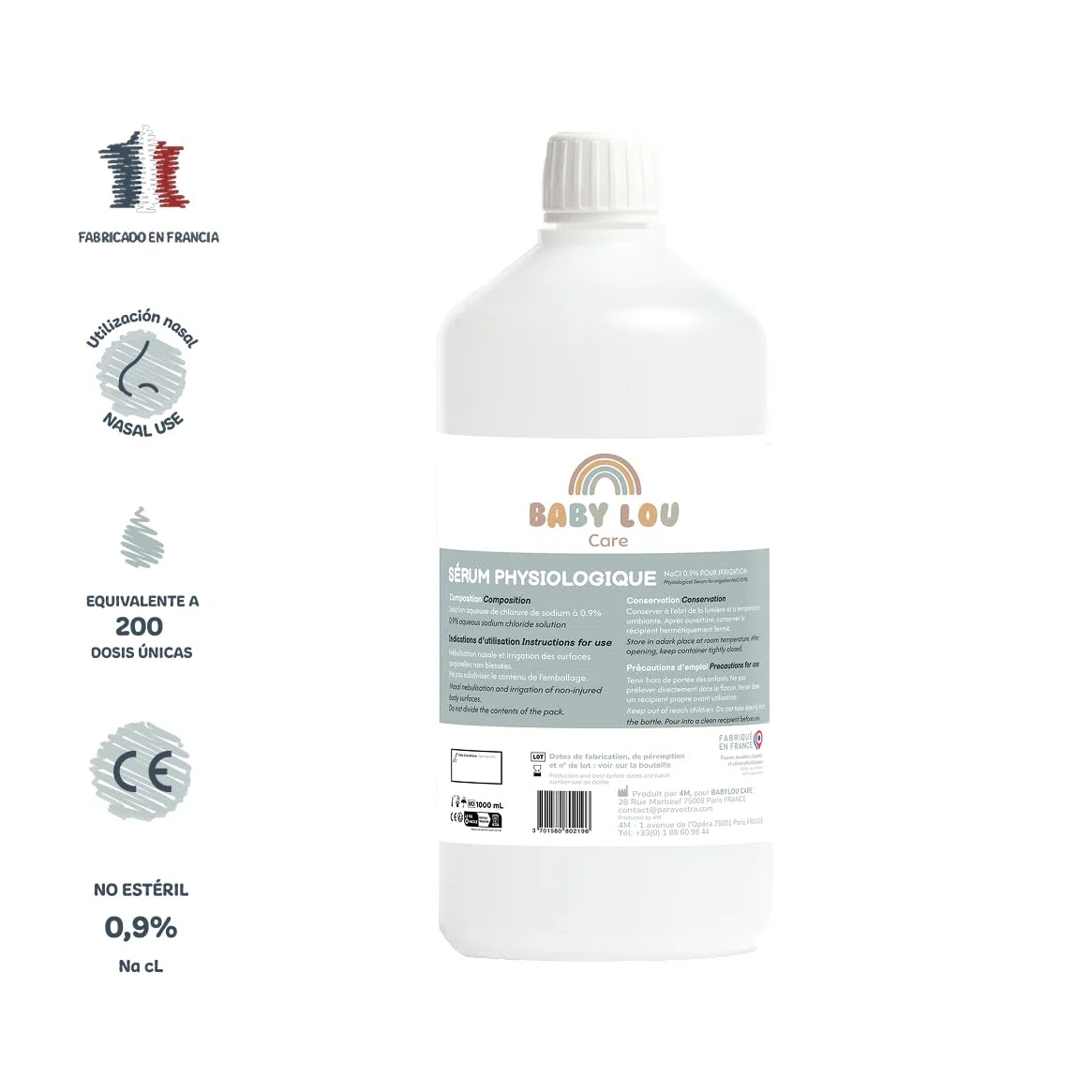 Suero Fisiológico Botella 1L | NaCl 0,9% | Fabricado en Francia | Lavado de fosas nasales | Higiene de la nariz | Para irración externa