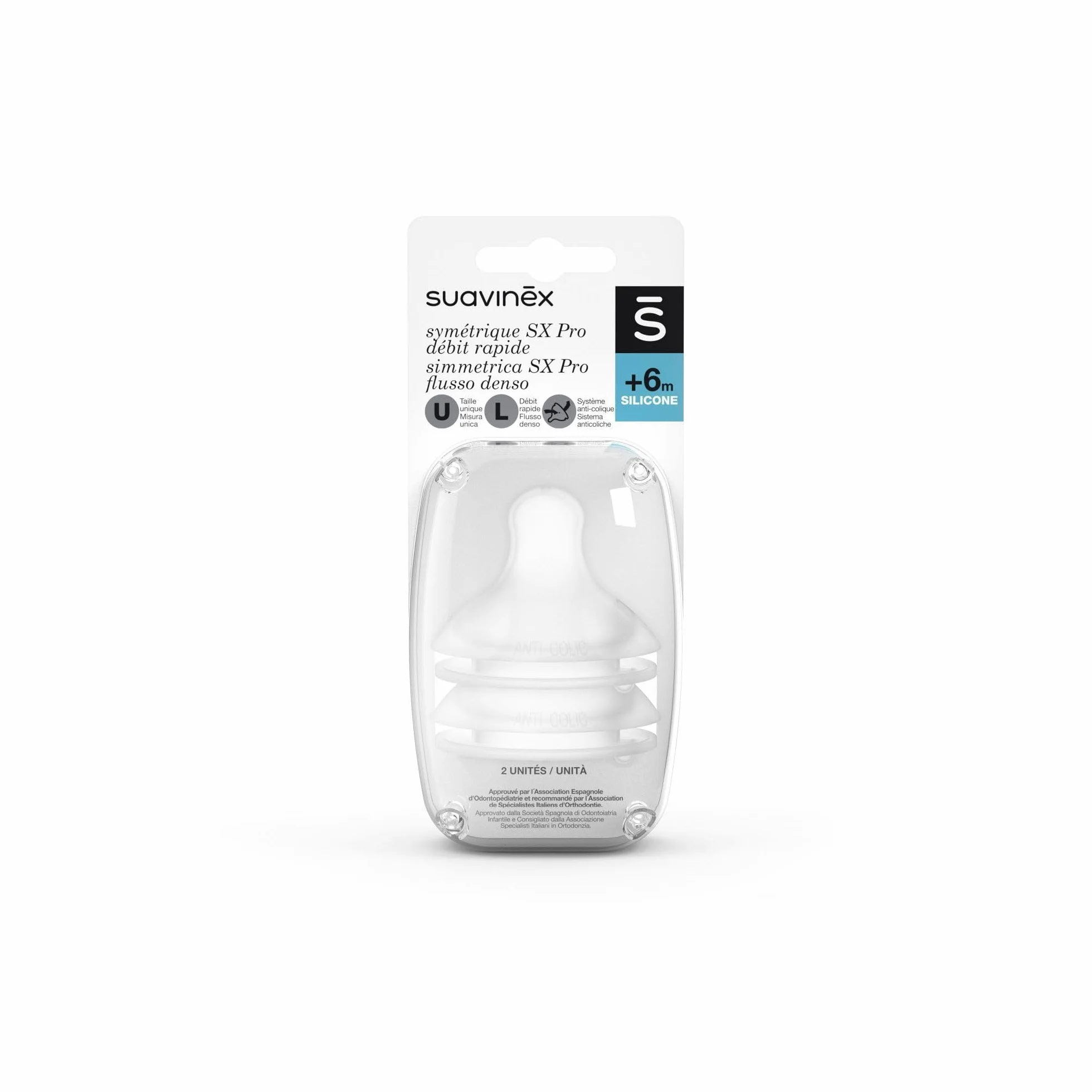 SUAVINEX 307388 - Juego de 2 tetinas Simmétricas de silicona SX Pro, flujo de Denso para leche o líquidos de densidad de 6 meses, con sistema anticólico